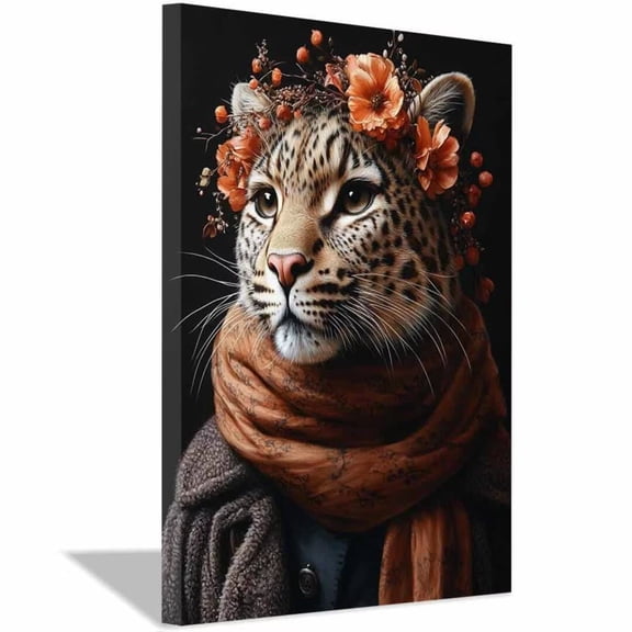 Mudket Framed Leopard with Orange Flower Crown Canvas Wall Art, Vintage Floral Leopard Print Decor for Women Bedroom Living Room - 12"L x 8"W