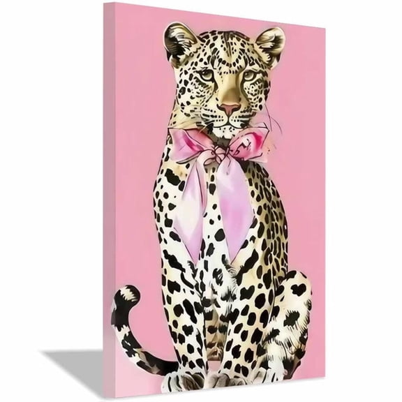 Mudket Framed Leopard with Pink Bow Canvas Wall Art, Cute Girly Animal Print Wall Decor, Ready to Hang for Girls Bedroom - 12"L x 8"W