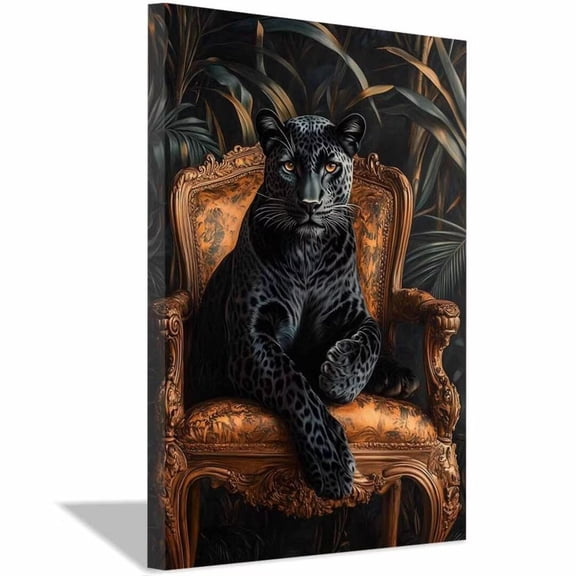 Mudket Framed Panther Canvas Wall Art, Panther on Vintage Chair Print, Trendy Jungle Animal Wall Decor for Living Room Office, Ready to Hang - 12"L x 8"W