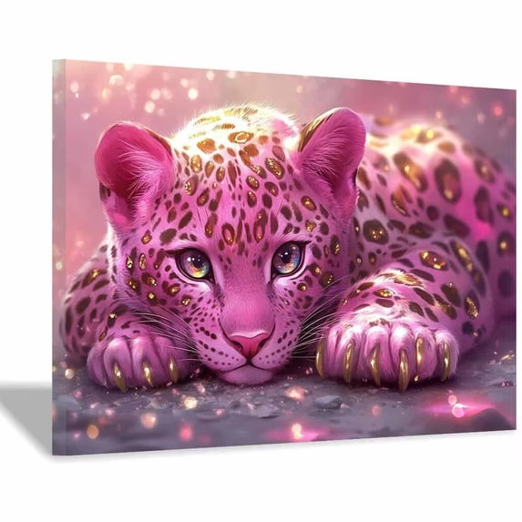 Mudket Framed Pink Leopard Cub Canvas Wall Art, Cute Trendy Pink Leopard Wall Art for Girls Bedroom, Animal Print Room Decor, Ready to Hang - 12"L x 8"W
