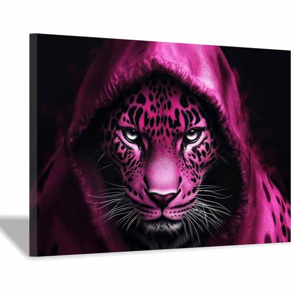 Mudket Framed A canvas painting of a leopard wearing a pink hoodie, a stylish leopard print wall decoration, suitable for bedrooms, studies, etc, Room Decor, Ready to Hang - 24"L x 16"W