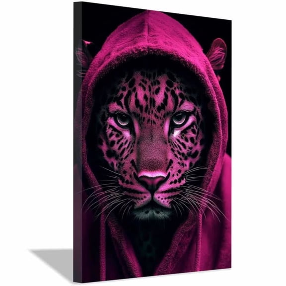 Mudket pink hoodie canvas mural, stylish leopard print wall decoration, suitable for bedrooms, living rooms, studies, etc， Framed, ready to hang - 12"L x 8"W