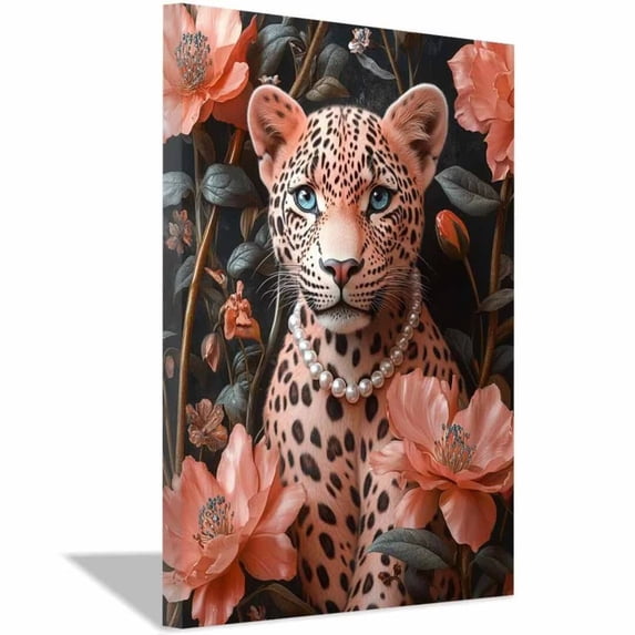 Mudket Framed Pink Leopard with Pearl Necklace Canvas Wall Art, Floral Leopard Print Room Decor, Cute Animal Wall Art for Girls Bedroom - 12"L x 8"W