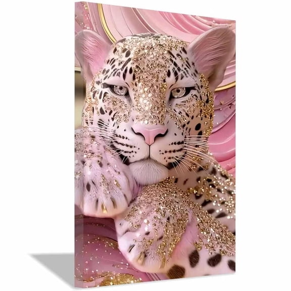 Mudket Framed Pink and Gold Glitter Leopard Canvas Wall Art, Glam Animal Print Wall Decor, Ready to Hang for Girls Bedroom - 18"L x 12"W