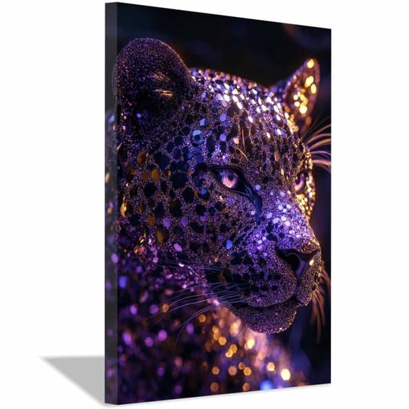 Mudket Framed Purple Glitter Leopard Canvas Wall Art, Sparkly Animal Print Wall Decor, Dark Background Art Ready to Hang - 30"L x 20"W