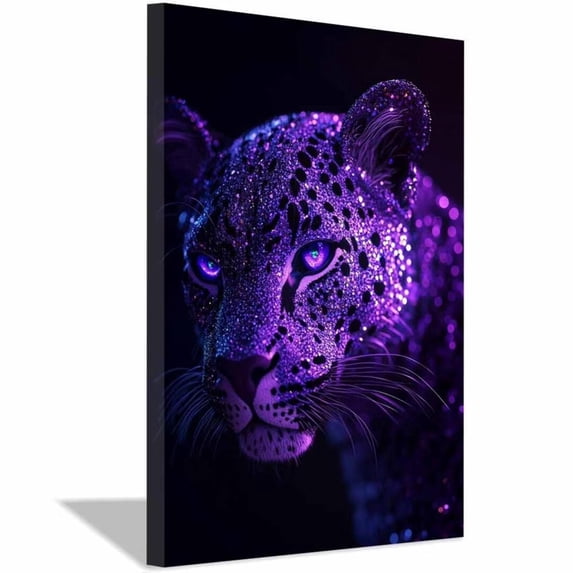 Mudket Framed Purple Leopard Canvas Wall Art, Glamorous Animal Print Wall Decor, Trendy Black Background Art Ready to Hang - 12"L x 8"W
