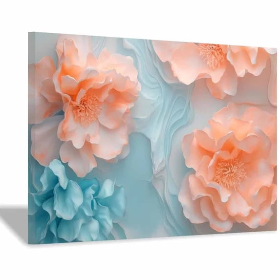 Mudket Framed Ready to Hang, Peach Light Blue Peony Floral Canvas Wall Art, Minimalist Soft Flower Wall Decor Artwork for Bedroom Living Room Office, Botanical Pictures - 12"L x 8"W