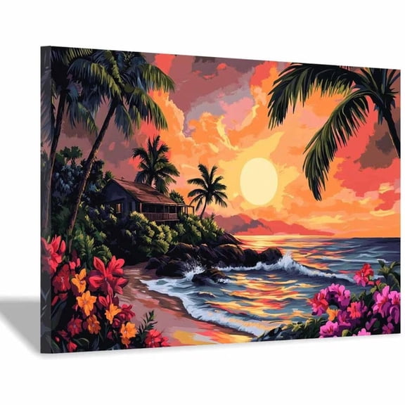 Mudket Framed Vintage Canvas Wall Art Hut Palm Tree Sunset Ocean Bright Floral Prints Wall Decor Beach Canvas Print Ready to Hang for Living Room Bedroom Home Decor - 24"L x 16"W