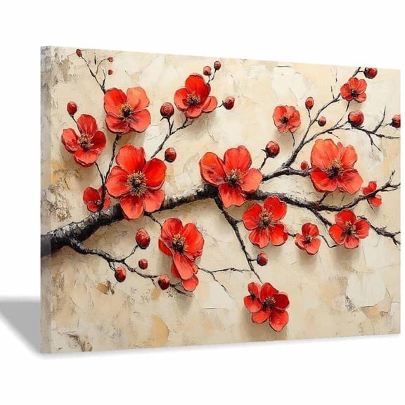 Mudket Framed Vintage Floral Canvas Wall Art Red Plum Blossom Flower Prints Wall Decor Abstract Botanical Canvas Print Ready to Hang for Living Room Office Home Decor - 12"L x 8"W