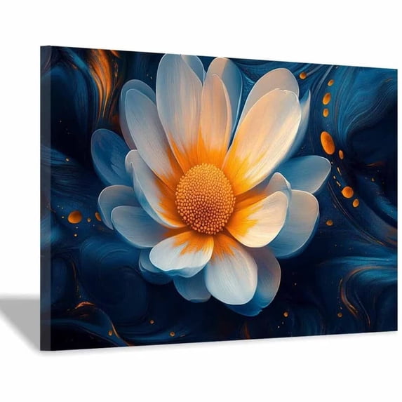 Mudket Framed Wall Art Ready to Hang, Blue White Orange Daisy Abstract Floral Print, Modern Flower Wall Decor Canvas Artwork for Living Room Bedroom Office, Botanical Wall Pictures - 12"L x 8"W