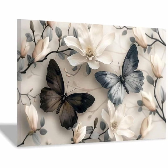Mudket Framed Wall Art Ready to Hang Grey White Magnolia & Dark Butterfly Floral Print, Botanical Floral Wall Decor Canvas Artwork for Living Room Bedroom Office - 12"L x 8"W