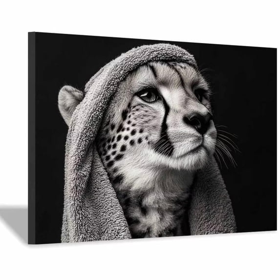 Mudket Framed White Cheetah with Towel Canvas Wall Art, Monochrome Leopard Print Wall Decor, Modern Animal Wall Art Ready to Hang - 12"L x 8"W