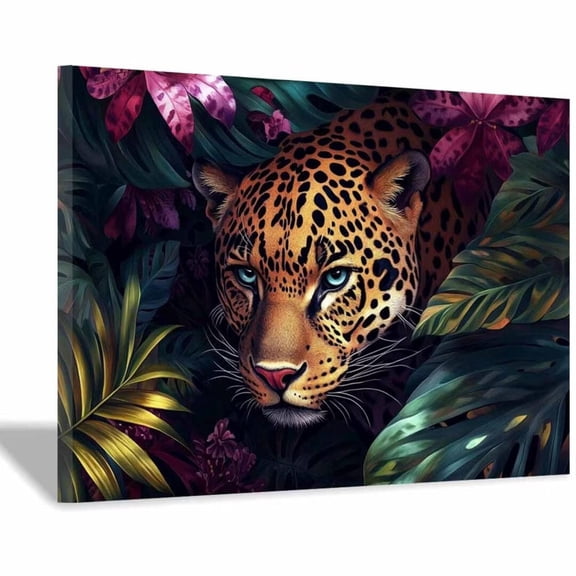 Mudket Framed leopard in Colorful Jungle Leaves Canvas Wall Art, Tropical Leopard Print Wall Decor, Jungle Animal Wall Art Ready to Hang - 12"L x 8"W