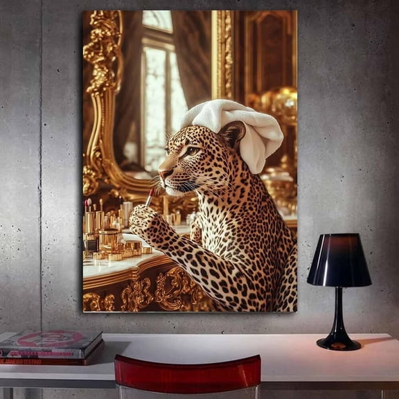 Mudket Funny Glam Leopard with Makeup Framed Canvas Wall Art, Luxury Trendy Animal Wall Decor for Women Vanity Room, Bedroom, Bathroom, Ready to Hang - 12"L x 8"W