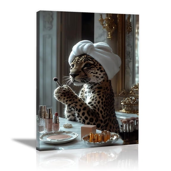 Mudket Funny Leopard Makeup Vanity Canvas Wall Art, Glam Bathroom Wall Decor Pictures Waterproof Canvas for Girls Bedroom Dressing Room Home Decor, Framed Ready to Hang - 12"L x 8"W