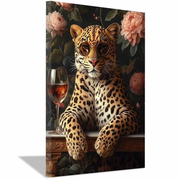 Mudket Funny Leopard with Wine Glass Canvas Wall Art, Leopard Print Trendy Wall Decor Framed Ready to Hang for Bar Kitchen - 12"L x 8"W