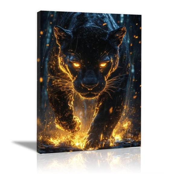 Mudket Golden Eyed Black Panther Rainy Fire Forest Canvas Wall Art, Moody Wildlife Wall Pictures for Living Room Print for Man Cave Office Home Decor , Framed Ready to Hang - 12"L x 8"W