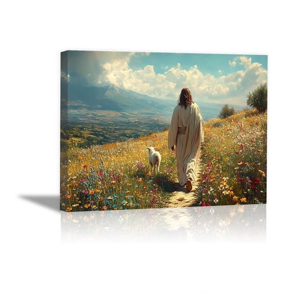 Mudket Good Shepherd Jesus Canvas Wall Art, Jesus Walking with Lamb in Floral Meadow Canvas Print, Biblical Christian Religious Wall Decor for Home, Framed Ready to Hang - 12"L x 8"W
