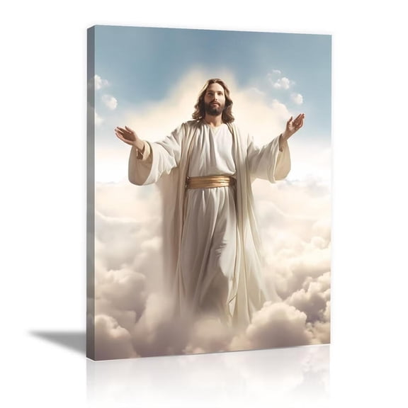 Mudket Jesus Canvas Wall Art, Blessing Jesus with Open Arms in Heaven Clouds Picture Print, Religious Christian Wall Decor for Home Office Church, Framed Ready to Hang - 18"L x 12"W