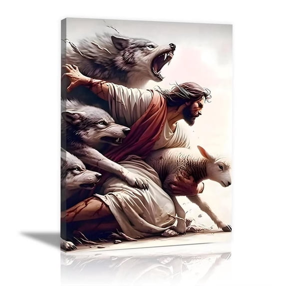 Mudket Jesus Canvas Wall Art, Good Shepherd Jesus Protect Lamb Christ Canvas Print, Biblical Religious Christian Wall Decor for Church Home, Framed Ready to Hang - 12"L x 8"W