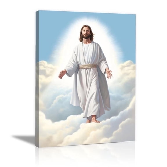 Mudket Jesus Canvas Wall Art, Sacred Halo Jesus in Heaven Clouds Christ Painting Picture Prints, Religious Christian Wall Decor for Home Bedroom Church, Framed Ready to Hang - 18"L x 12"W
