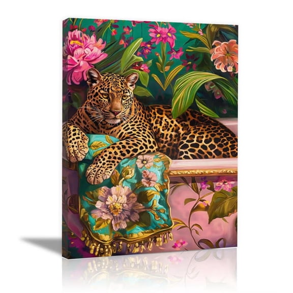 Mudket Leopard in Bathtub with Vibrant Tropical Floral Canvas Wall Art, Boho Bathroom Wall Decor Pictures Waterproof Print for Powder Room Living Room Home Decor , Framed Ready to Hang - 12"L x 8"W