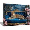 thumbnail image 1 of Mudket Leopard on Blue Velvet Sofa with Peonies Canvas Wall Art, Framed Leopard Print Wall Decor for Living Room Bedroom, Elegant Animal Wall Art, Ready to Hang - 12"L x 8"W, 1 of 10