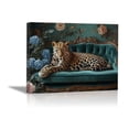 thumbnail image 1 of Mudket Leopard on Carved Green Sofa with Blue Hydrangea Canvas Wall Art, French Luxury Canvas Art for Living Room Bedroom Print for Home Decor , Framed Ready to Hang - 12"L x 8"W, 1 of 9