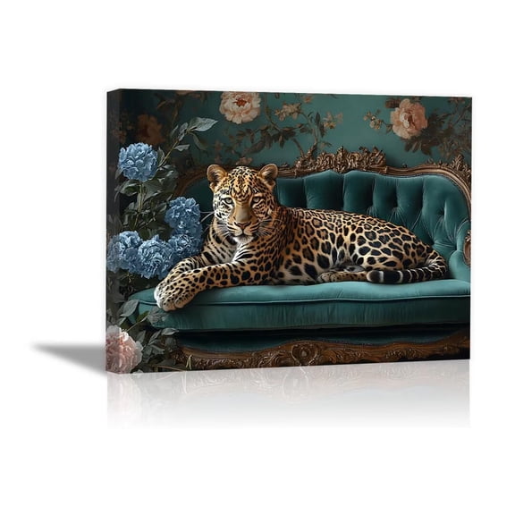 Mudket Leopard on Carved Green Sofa with Blue Hydrangea Canvas Wall Art, French Luxury Canvas Art for Living Room Bedroom Print for Home Decor , Framed Ready to Hang - 30"L x 20"W