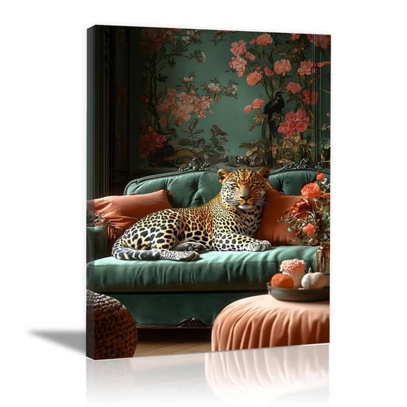 Mudket Leopard on Emerald Green Velvet Sofa Canvas Wall Art, Vintage Chinoiserie Floral Canvas Art for Living Room Bedroom Print for Luxury Apartment Home Decor , Framed Ready to Hang - 12"L x 8"W