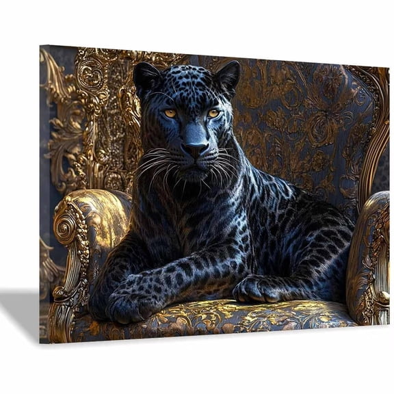Mudket Leopard Gold Antique Chair Framed Canvas Wall Art, Luxury Dark Animal Print Room Decor for Men Living Room, Man Cave, Office Decor, Ready to Hang-12"L x 8"W