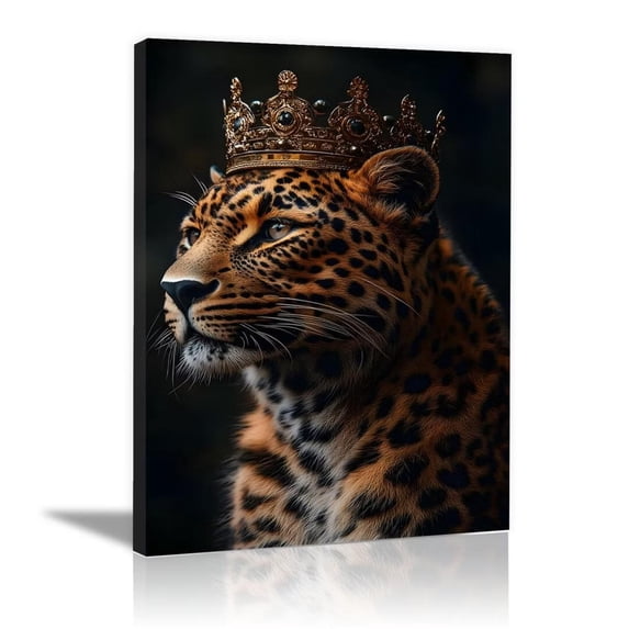 Mudket Leopard with Gold Royal Crown Black Background Canvas Wall Art, Luxury King Wildlife Trendy Wall Art Print for Living Room Office Home Decor, Framed Ready to Hang - 12"L x 8"W