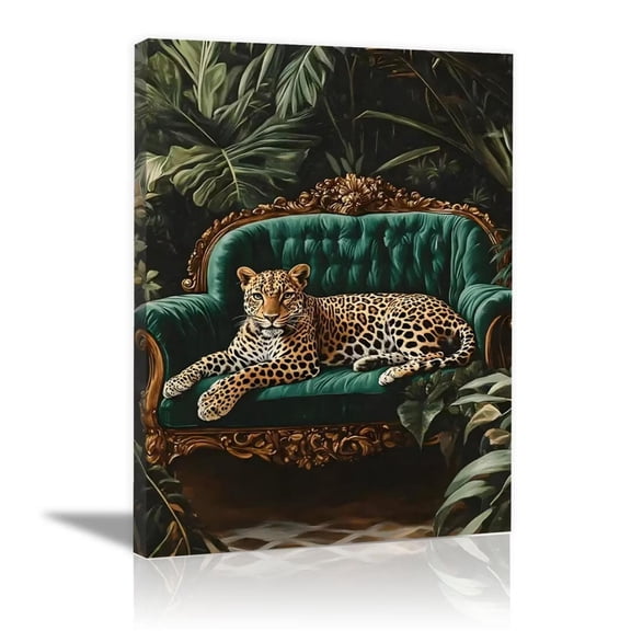 Mudket Leopard on Green Sofa Tropical Jungle Canvas Wall Art, Vintage Botanical Wildlife Wall Prints Waterproof Canvas for Living Room Sunroom Home Decor , Framed Ready to Hang - 24"L x 16"W