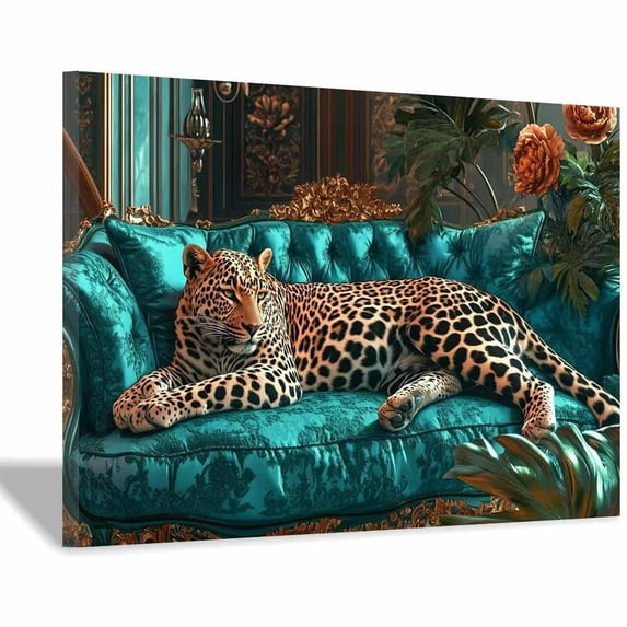 Mudket Leopard on Luxury Teal Velvet Sofa Framed Canvas Wall Art, Vintage Floral Jungle Animal Wall Art for Women Living Room, Bedroom, Office Decor, Ready to Hang-18"L x 12"W