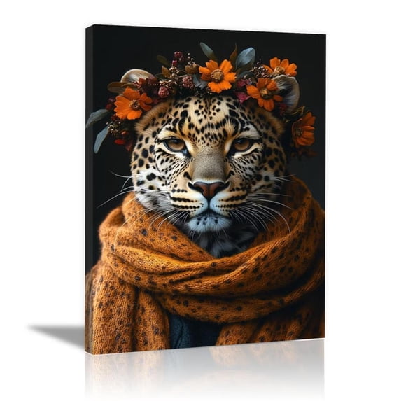 Mudket Leopard with Orange Flower Crown & Scarf Canvas Wall Art, Warm Autumn Boho Wall Prints Waterproof Canvas for Living Room Bedroom Home Decor , Framed Ready to Hang - 12"L x 8"W