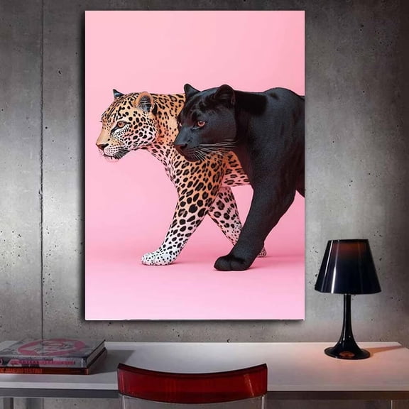 Mudket Leopard & Panther Pair Framed Canvas Wall Art, Girly Pink Leopard Print Wall Decor for Girls Bedroom, Dorm, Living Room, Ready to Hang - 12"L x 8"W