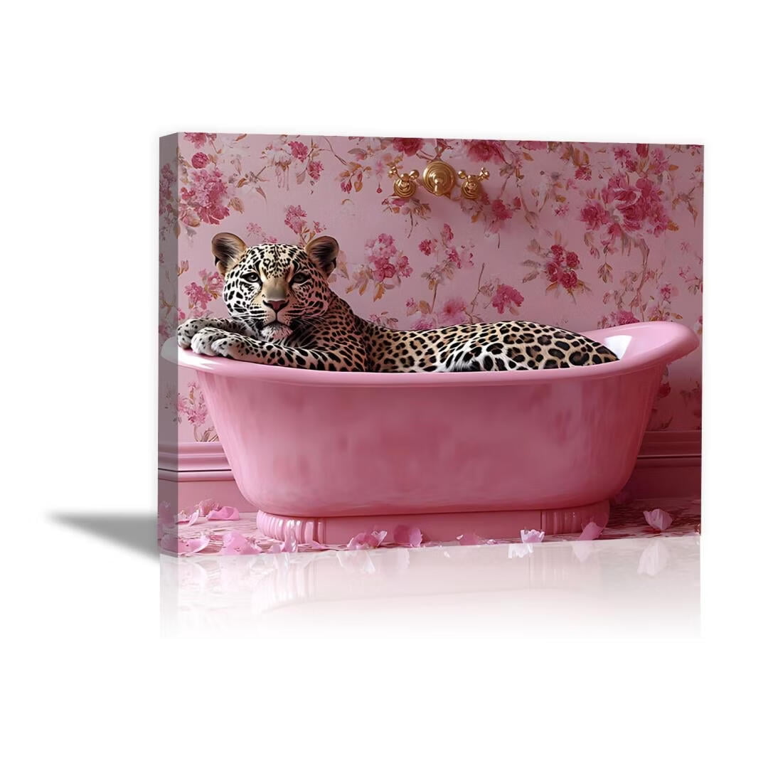 Mudket Leopard in Pink Bathtub with Floral Wallpaper Canvas Wall Art ...