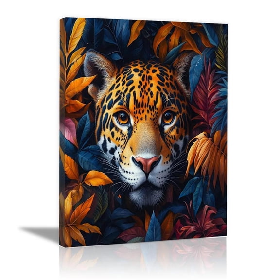 Mudket Leopard Portrait with Colorful Tropical Jungle Leaves Canvas Wall Art, Vibrant Boho Wall Prints Waterproof Canvas for Living Room Entryway Home Decor , Framed Ready to Hang - 12"L x 8"W