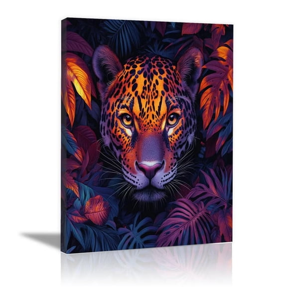 Mudket Leopard Portrait with Vibrant Tropical Jungle Leaves Canvas Wall Art, Boho Wildlife Wall Paintings Print for Living Room Sunroom Home Decor , Framed Ready to Hang - 12"L x 8"W