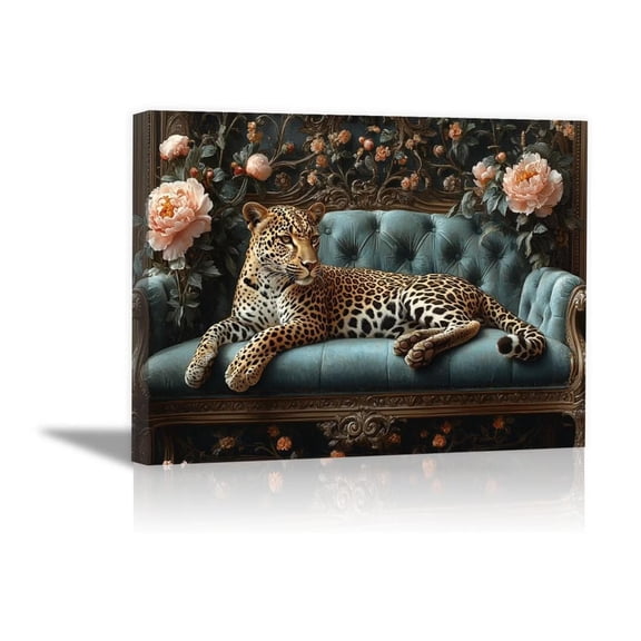 Mudket Leopard on Teal Carved Sofa with Peony Flowers Canvas Wall Art, French Luxury Wall Pictures for Living Room Print for Apartment Home Decor , Framed Ready to Hang - 18"L x 12"W