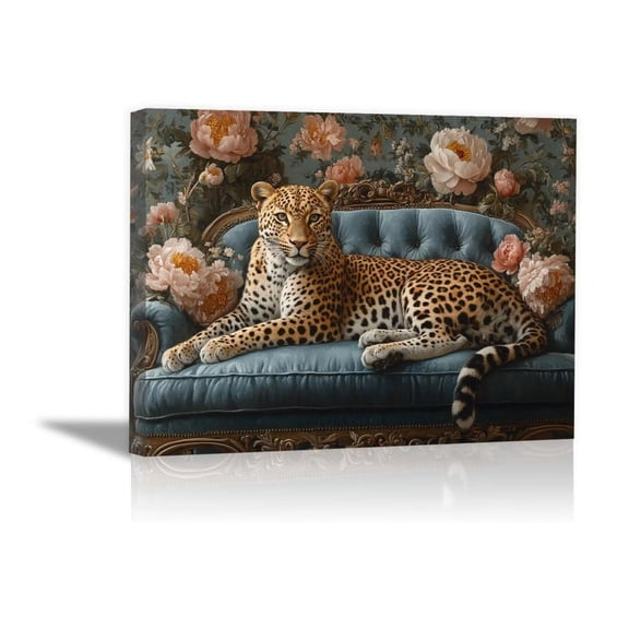 Mudket Leopard on Teal Sofa with Vintage Peony Floral Canvas Wall Art, French Country Canvas Art for Living Room Bedroom Print for Apartment Home Decor , Framed Ready to Hang - 30"L x 20"W