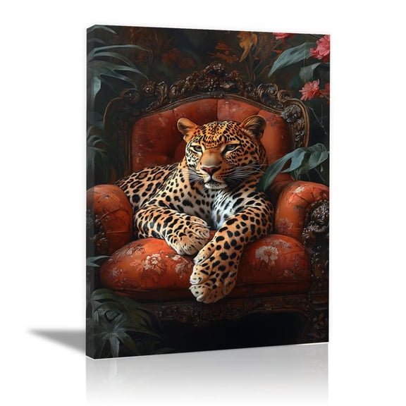 Mudket Leopard on Vintage Armchair Canvas Wall Art, Antique Jungle Oil Wall Paintings Print for Dark Academia Library Living Room Home Decor, Framed Ready to Hang - 12"L x 8"W