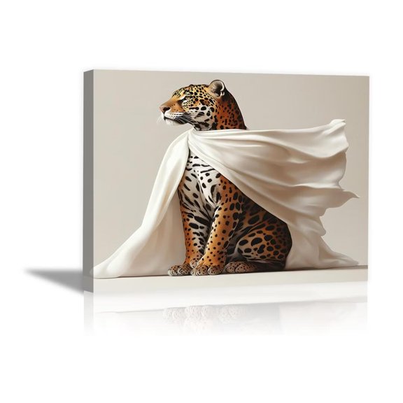 Mudket Leopard with White Flowing Cloak Canvas Wall Art, Modern Minimalist Luxury Art Work Print for Living Room Office Entryway Home Decor , Framed Ready to Hang - 12"L x 8"W