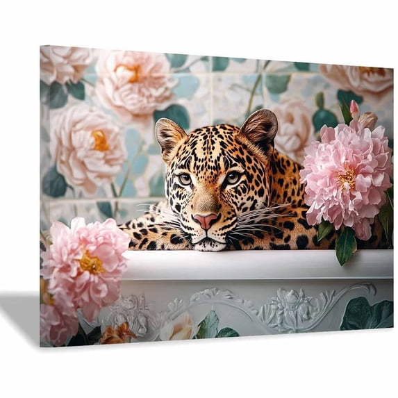 Mudket Leopard in Bathtub Canvas Wall Art, Framed Cheetah Print Bathroom Wall Decor, Cute Floral Animal Wall Art for Home, Ready to Hang - 12"L x 8"W