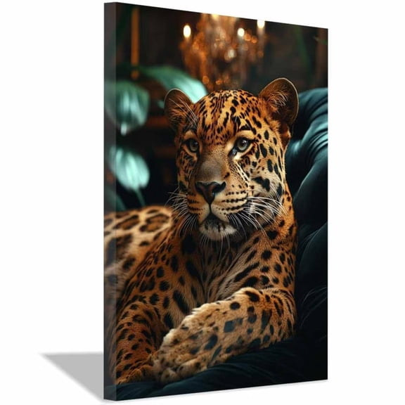 Mudket Leopard on Black Leather Sofa Canvas Wall Art, Luxury Leopard Print Decor Framed Ready to Hang for Living Room Man Cave - 18"L x 12"W