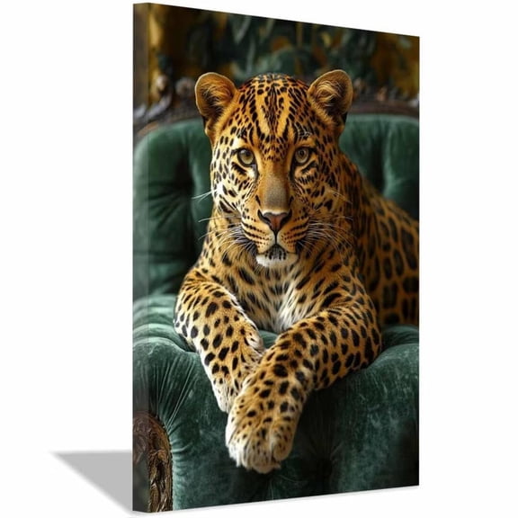 Mudket Leopard on Green Velvet Sofa Canvas Wall Art, Leopard Print Room Decor Framed Ready to Hang for Living Room - 30"L x 20"W