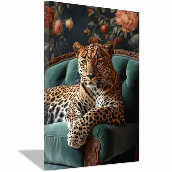 Mudket Leopard on Green Velvet Sofa Canvas Wall Art, Luxury Leopard Print Decor Framed Ready to Hang for Living Room - 30"L x 20"W