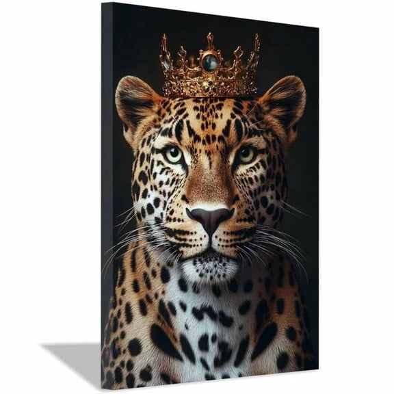 Mudket Leopard with Crown Canvas Wall Art, Leopard Print Room Decor Framed Ready to Hang for Man Cave - 12"L x 8"W