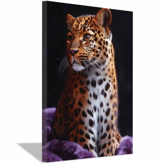 Mudket Leopard with Purple Fur Canvas Wall Art, Leopard Print Room Decor Framed Ready to Hang for Living Room Bedroom - 12"L x 8"W