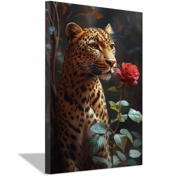 Mudket Leopard with Red Rose Canvas Wall Art, Floral Leopard Print Wall Decor Framed Ready to Hang for Living Room - 40"L x 28"W